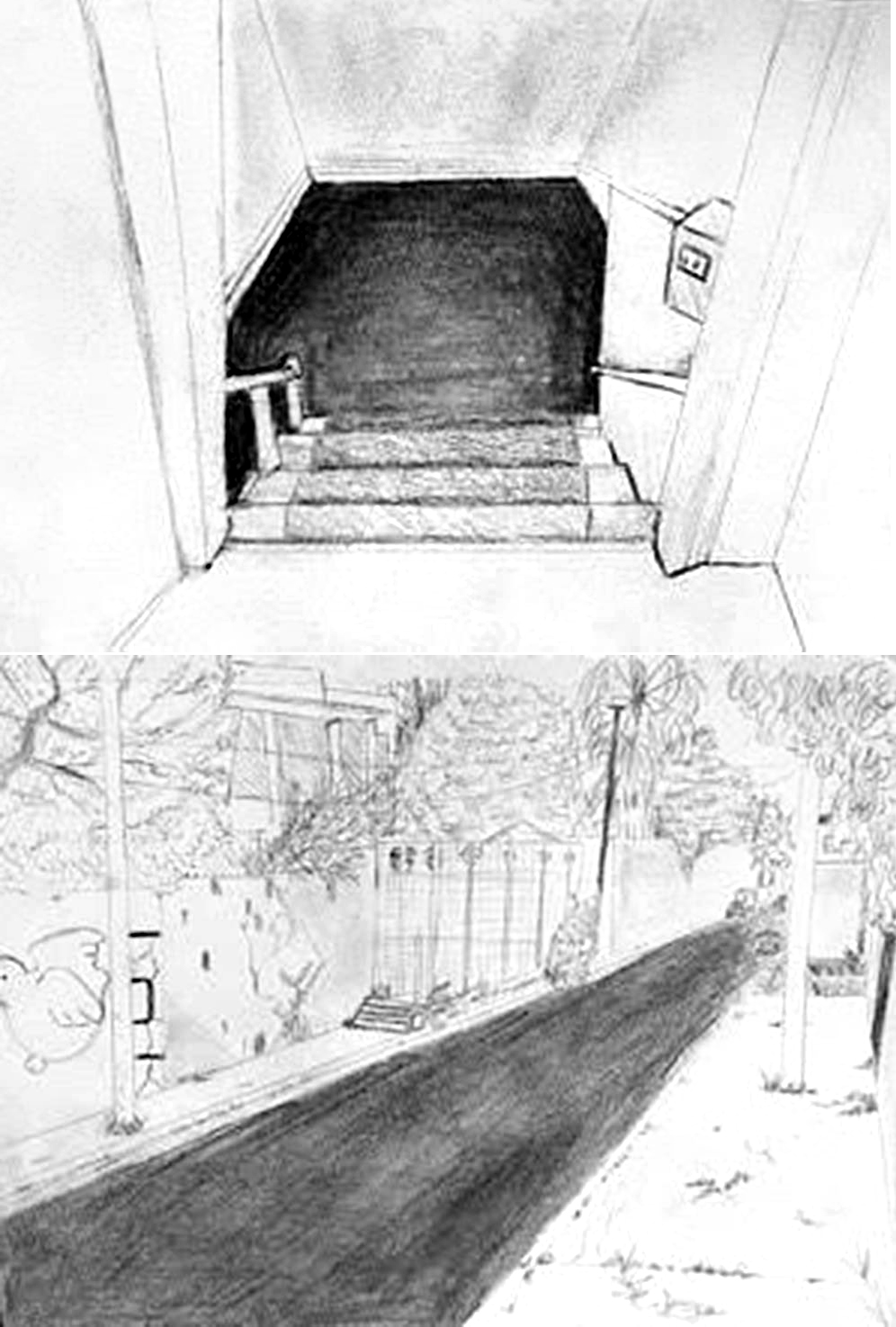 b/w pencil drawing of streetscape with homes and trees on the bottom half, descending staircase on top half