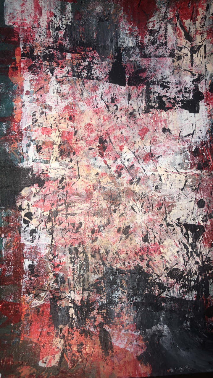 Abstract painting in white, black and red