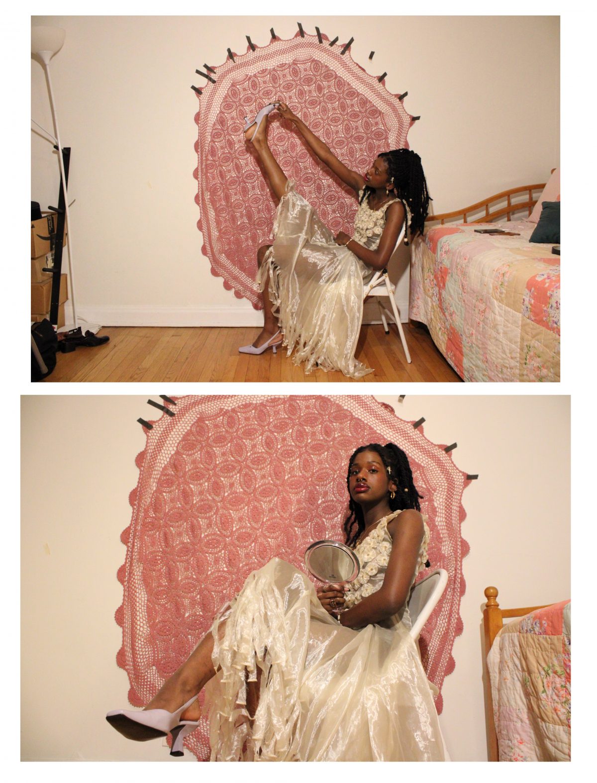 Two photos of a woman sitting on a chair