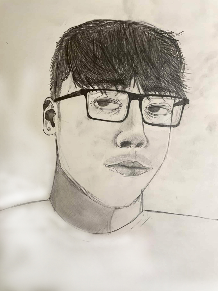 b/w drawing of person with dark hair and glasses.