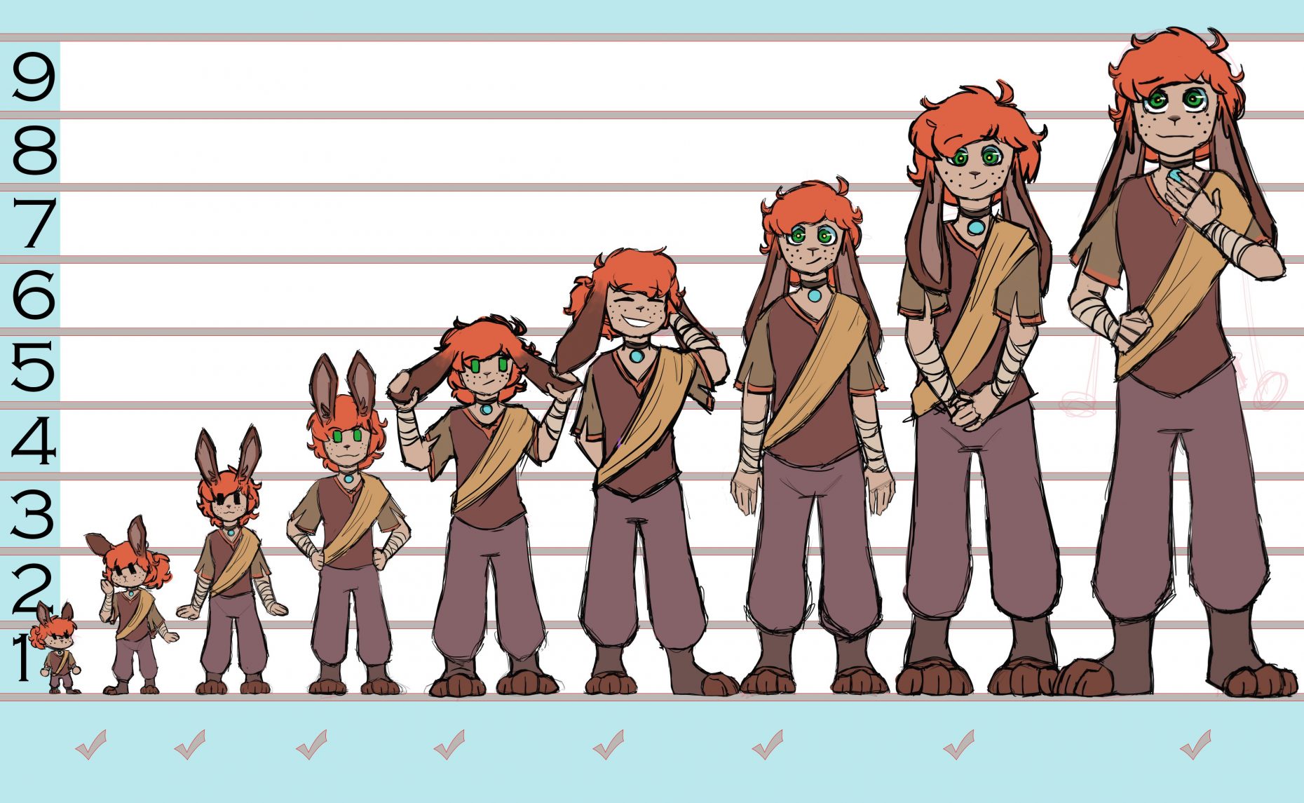 9 images of the same cartoon character in sequential stages of growth.