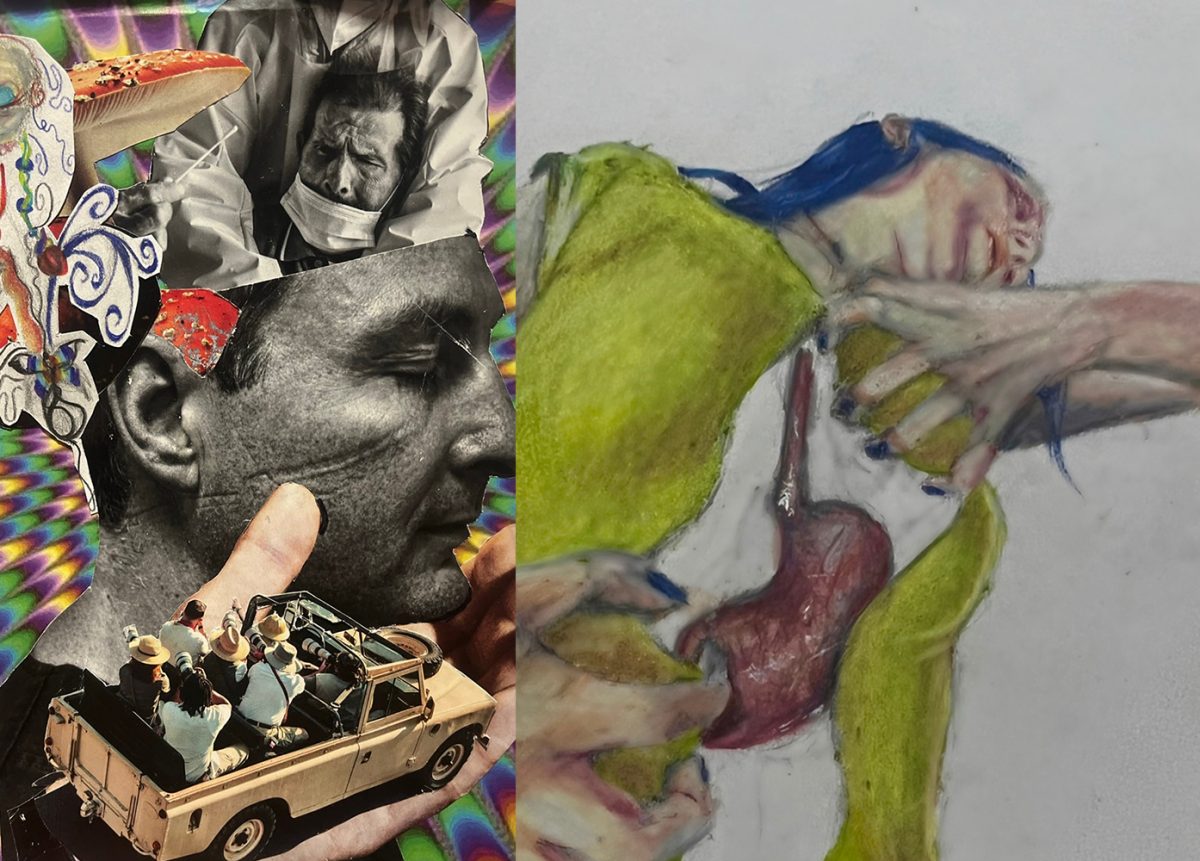 photography collage on left, drawing of person in a green shirt laying down on the right