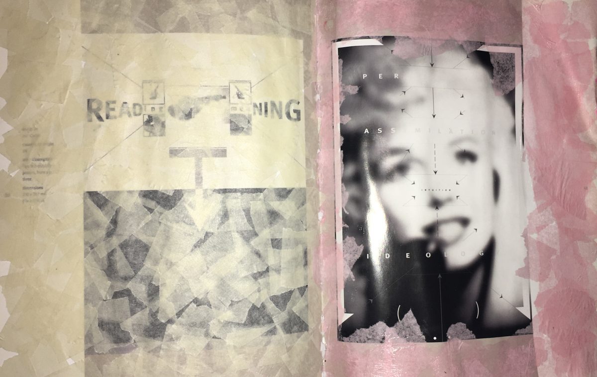Mixed-media piece with one half cream colored and the other half light pink, with a blurred image of a woman in the center