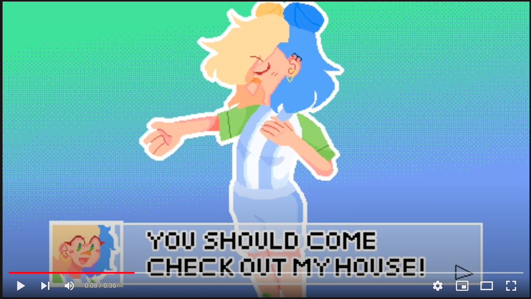 90's video game cartoon image of a girl saying, "you should come check out my house!"