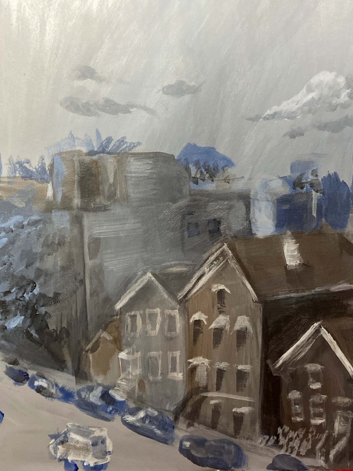 Painting of city block from afar