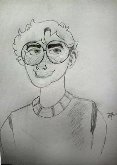 b/w drawing of person wearing large, round glasses