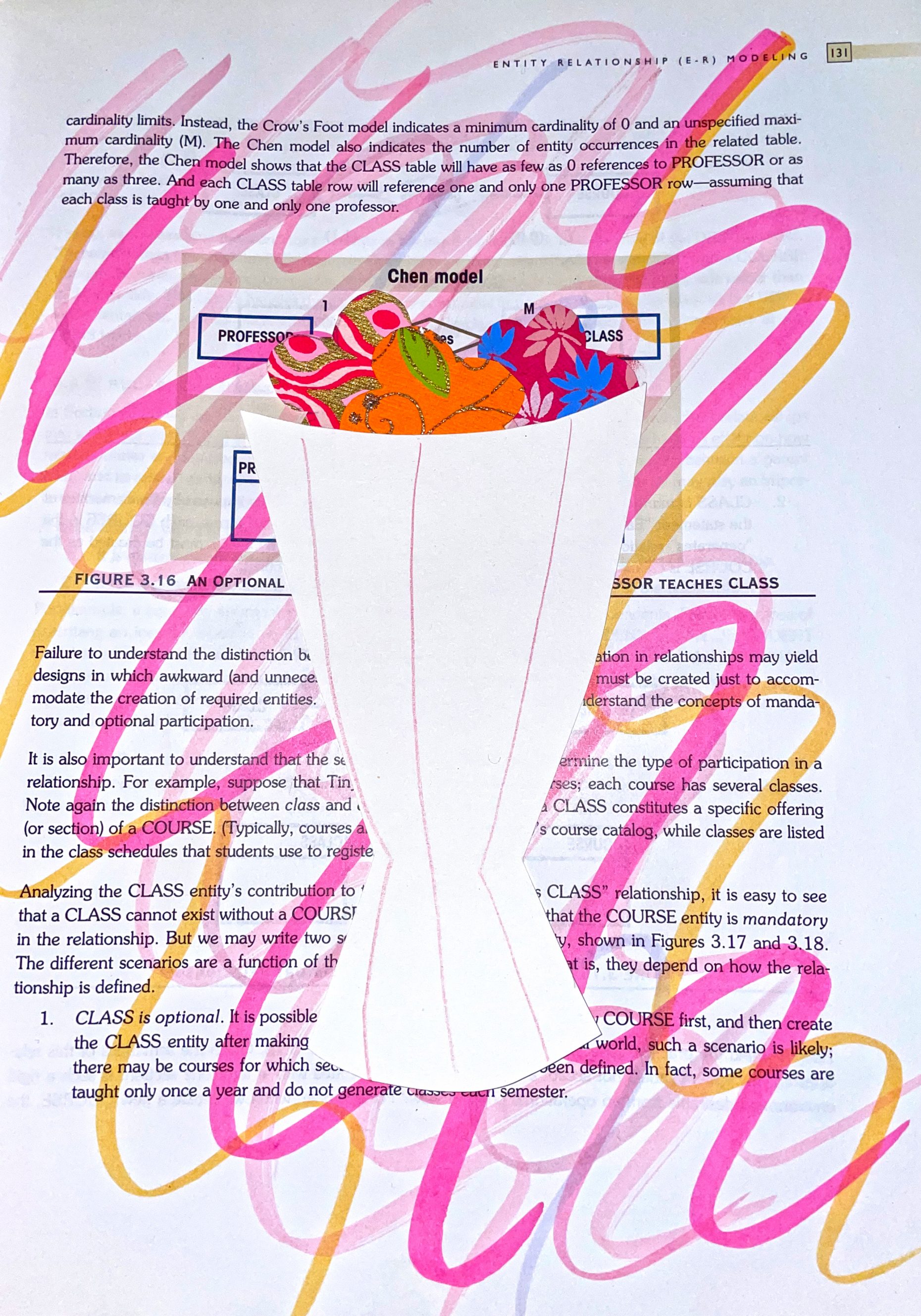 Mixed-media collage on printed text. There are pink and yellow lines in the background, and a bouquet of flowers in the front created using various printed patterns.