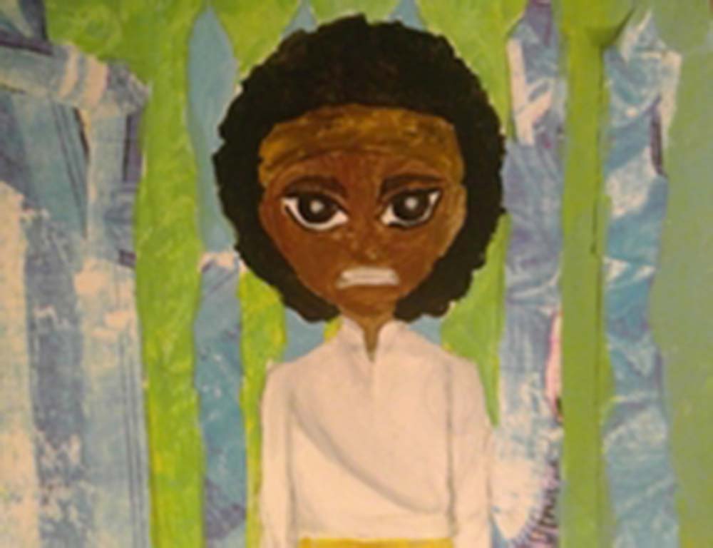 person wearing white top on a green and blue collaged background