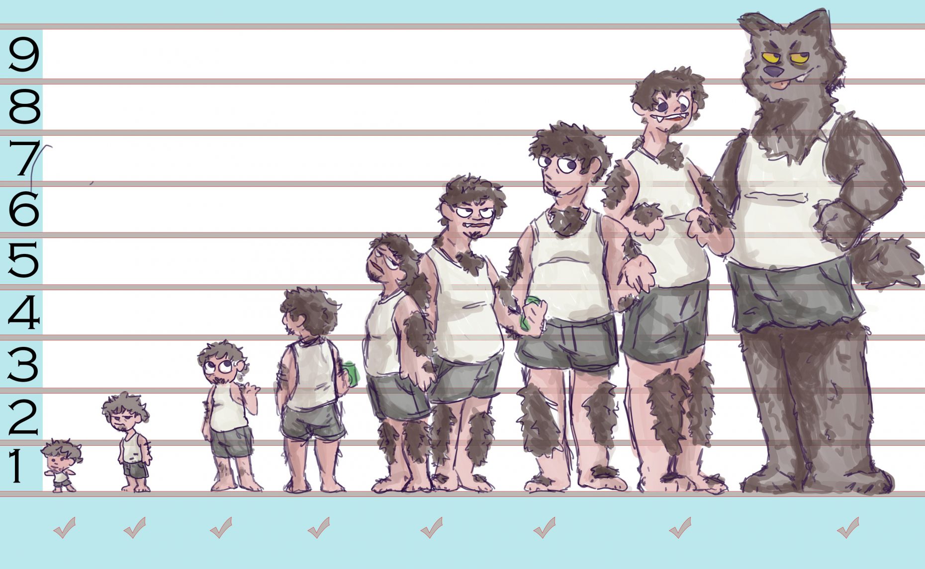 9 images of the same cartoon character in sequential stages of growth.