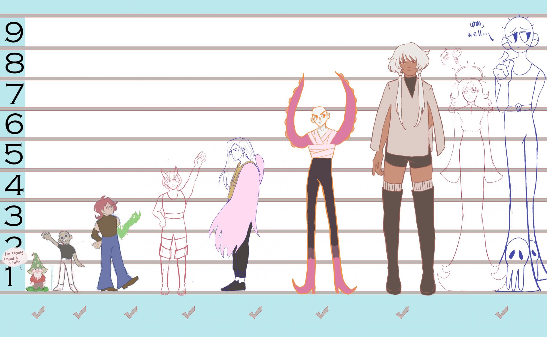 9 images of the same cartoon character in sequential stages of growth.