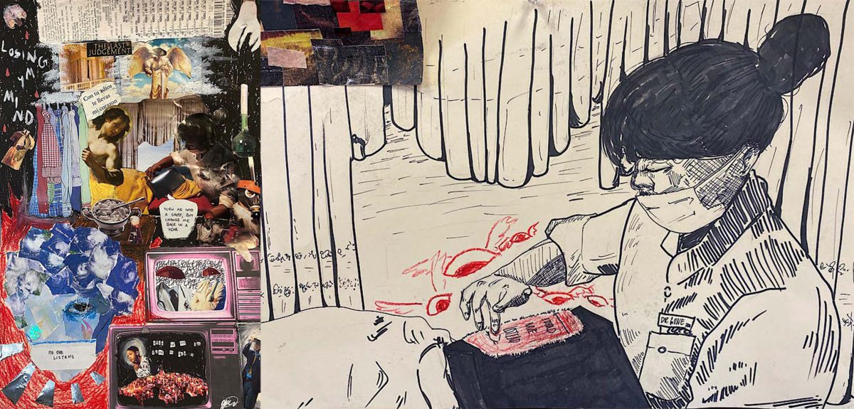 collage of found image on the right, line drawing on left of person reading