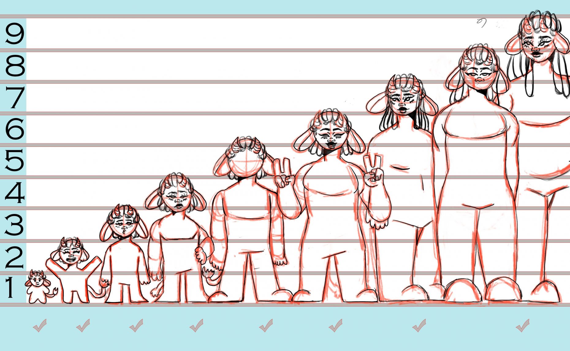 9 images of the same cartoon character in sequential stages of growth.