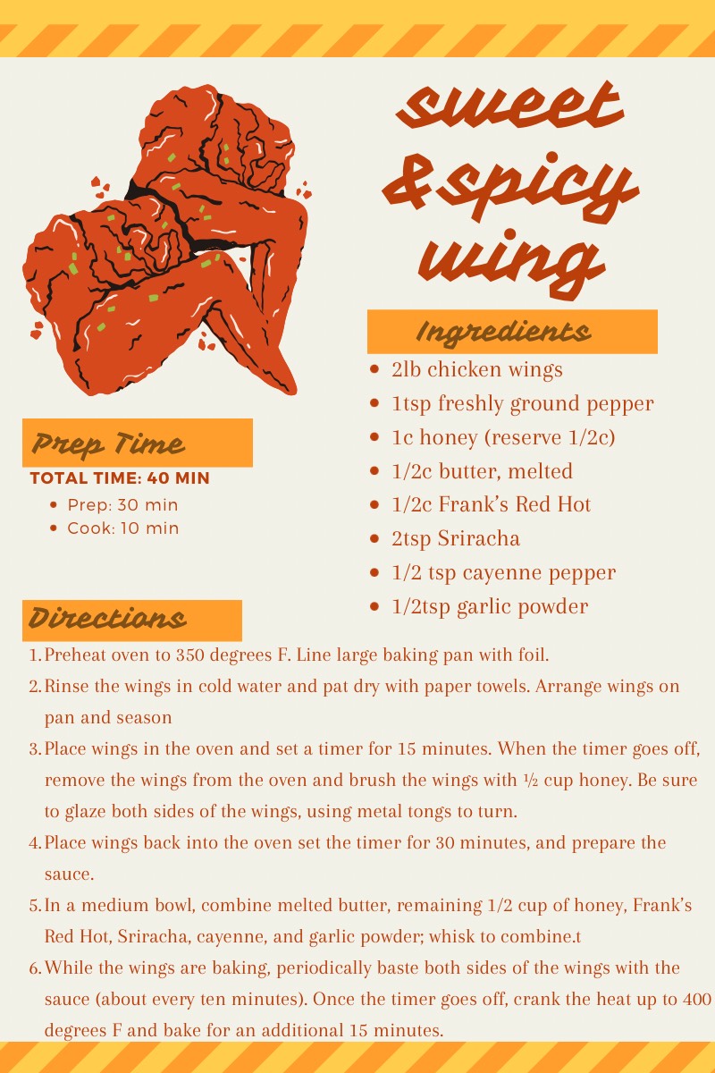 Red, orange, and yellow colored recipe. There is a drawing of a spicy wing in the top left corner, and striped borders at the top and bottom.