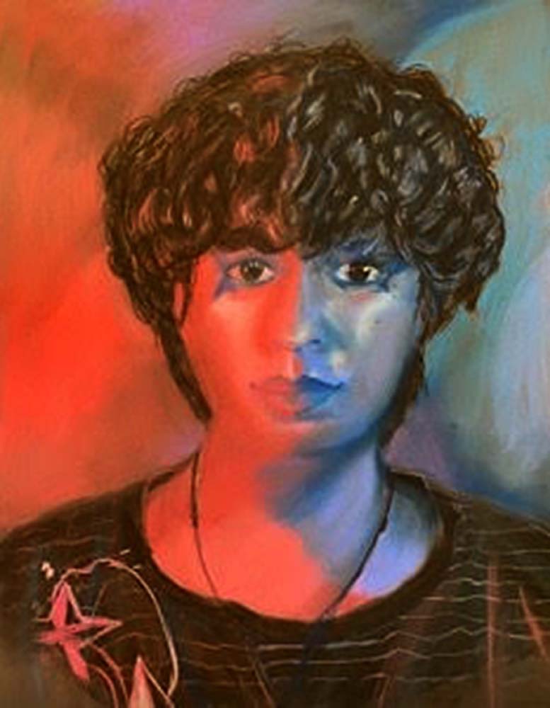 portrait of person with short hair, red light coming from the person's right.