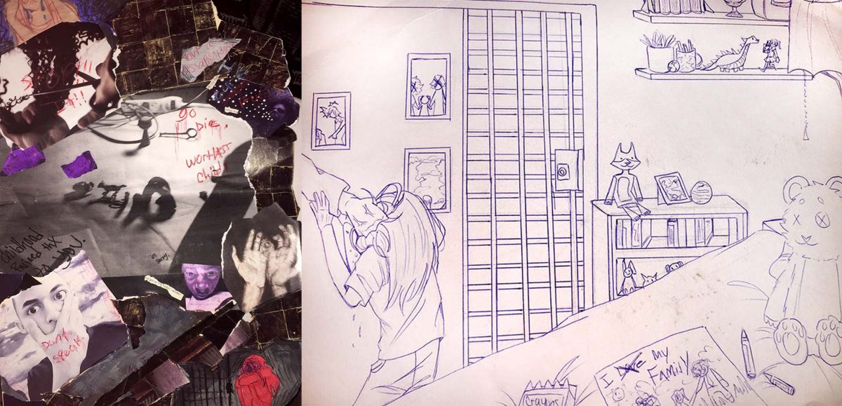 Collage on right, line drawing on left of room with person with head in garbage can