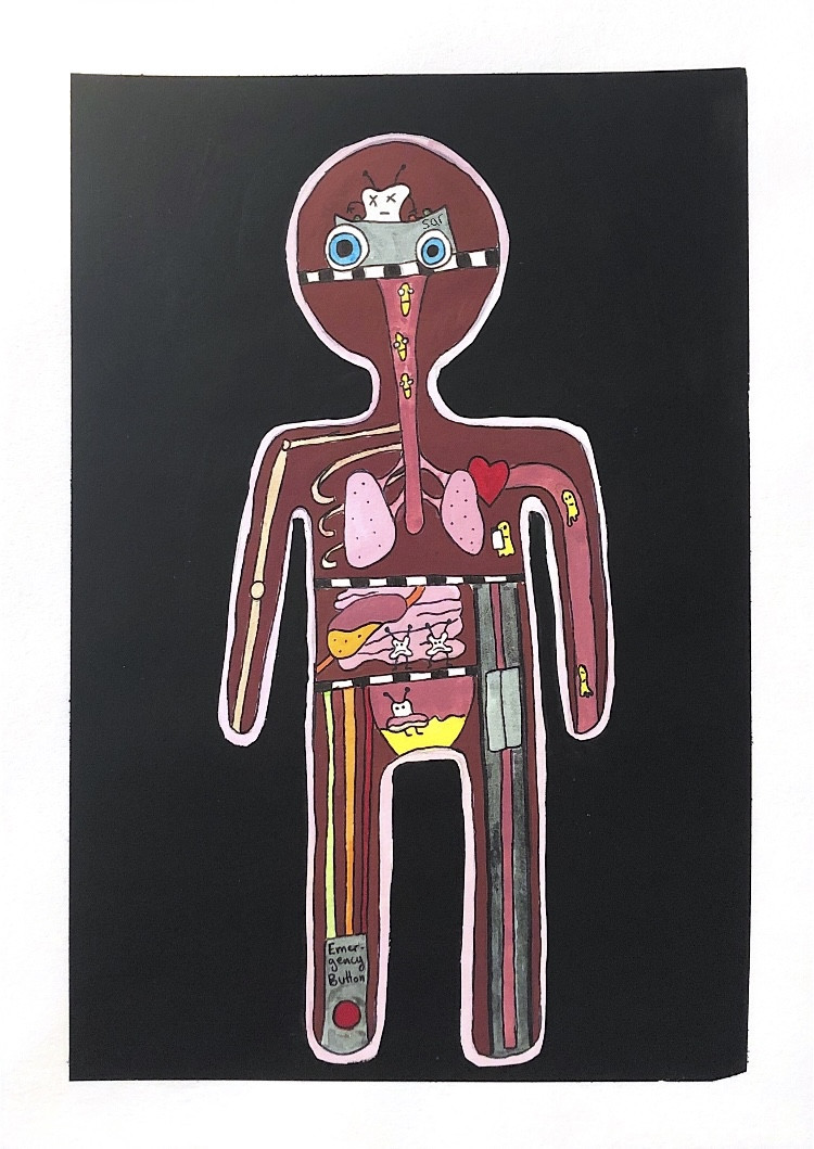 colorful painting of a human body with images and objects within it