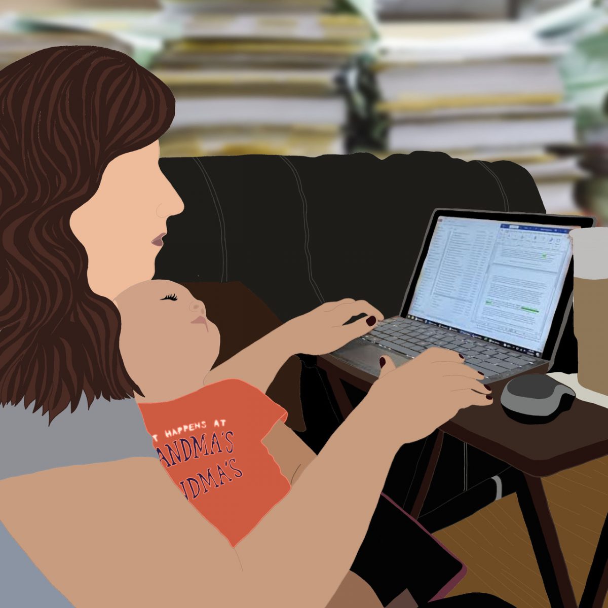 Image of mother typing on a laptop with a child in her lap