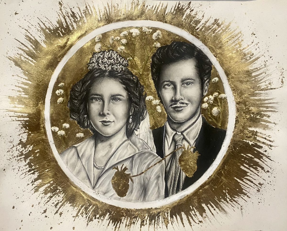painting of a wedding portrait surrounded by a ring of gold