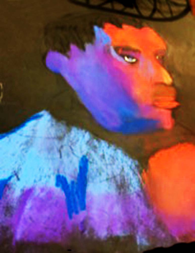 portrait of person with face in red and purple, looking to the right