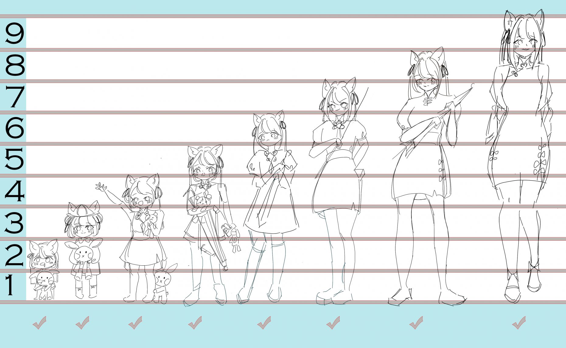 9 images of the same cartoon character in sequential stages of growth.