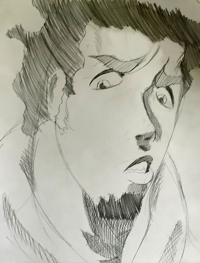 b/w drawing of person with goatee looking surprised