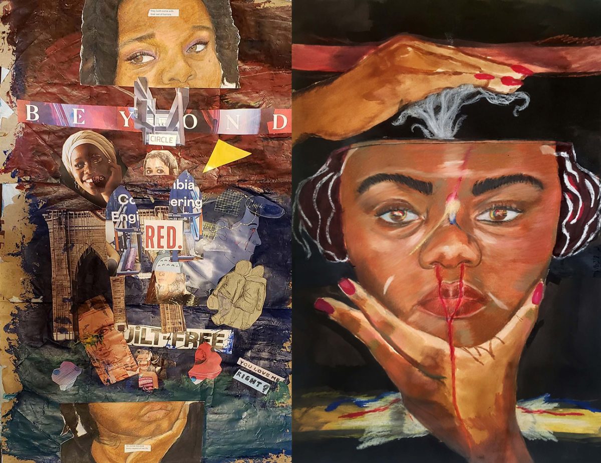 found images collaged on the left, drawing of person opening their head on right