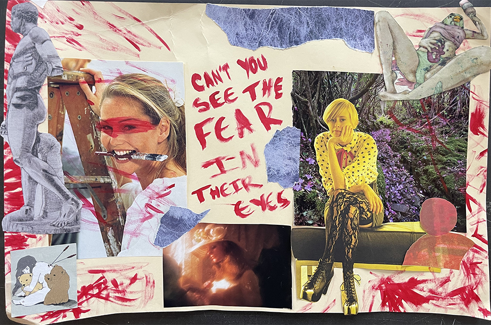 collage of 2 women with "can't you see the fear in their eyes" written in red.