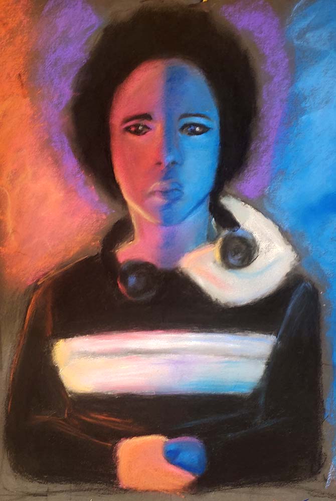person backlit with red and blues