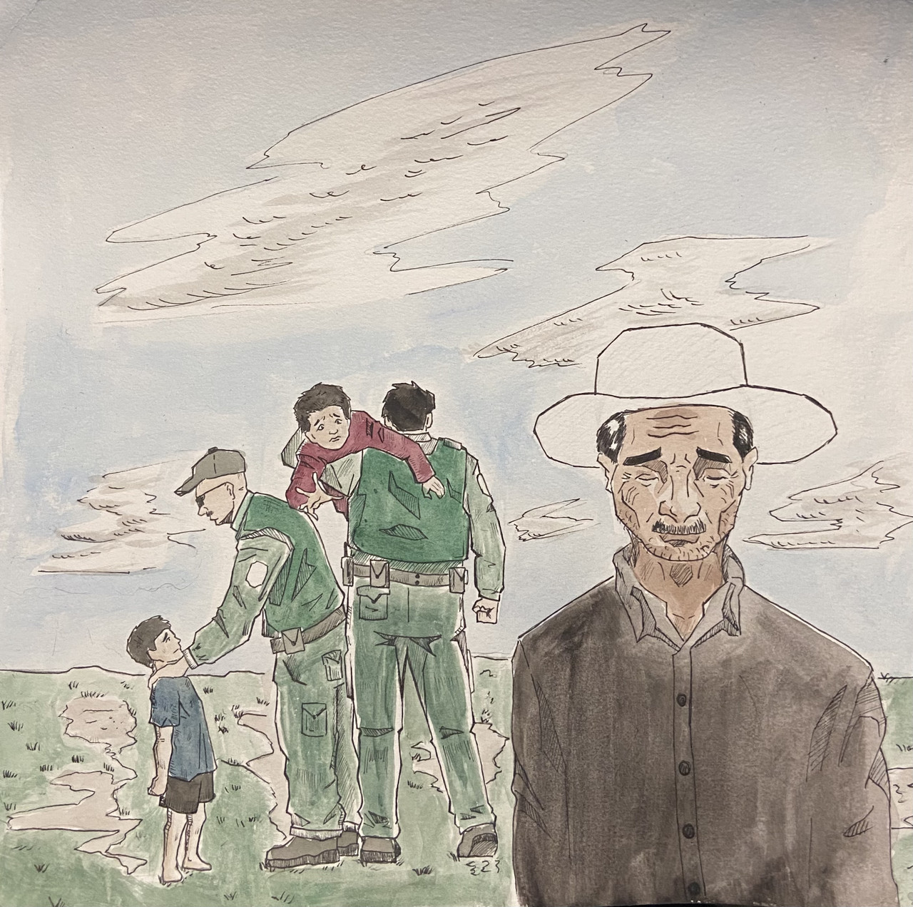 pencil drawing of a family being separated by government agents