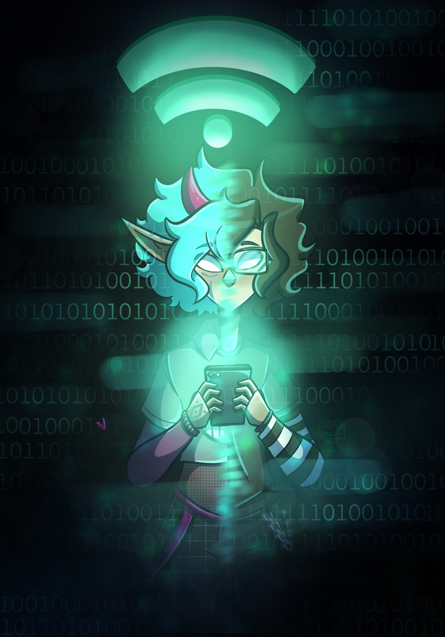 Digital art of a character looking at a glowing phone