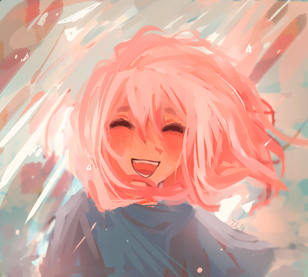 digital painting of a young woman with pink hair that is smiling