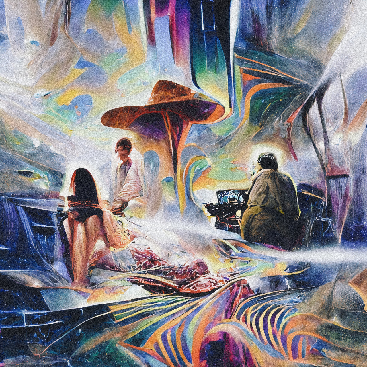 digital painting of humans in a colorful abstract landscape