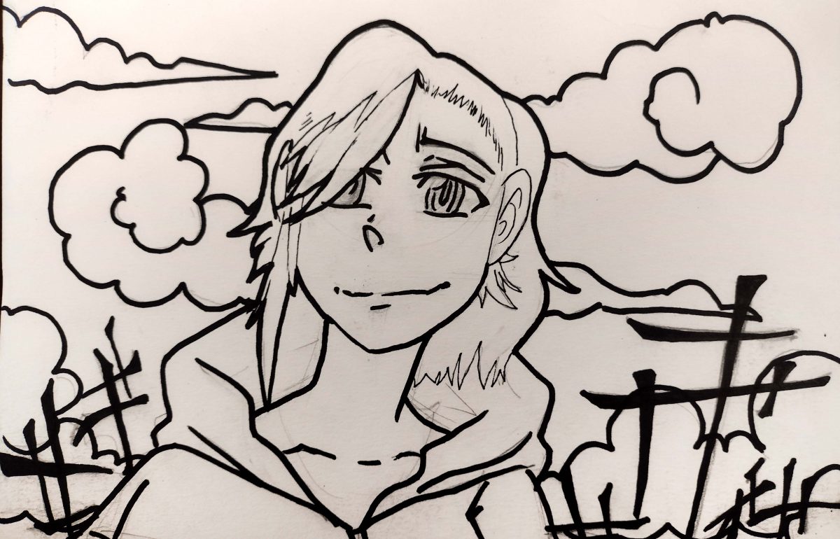 b/w line drawing of person in a hoodie