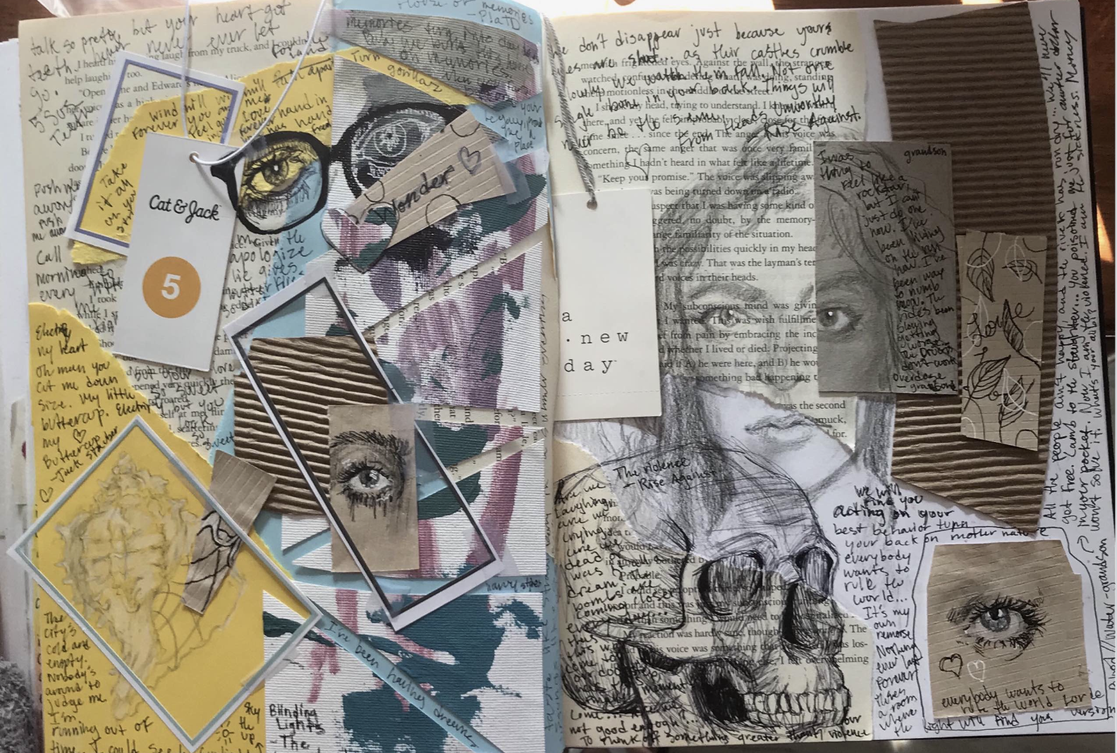 Hand drawings layered over recycled materials