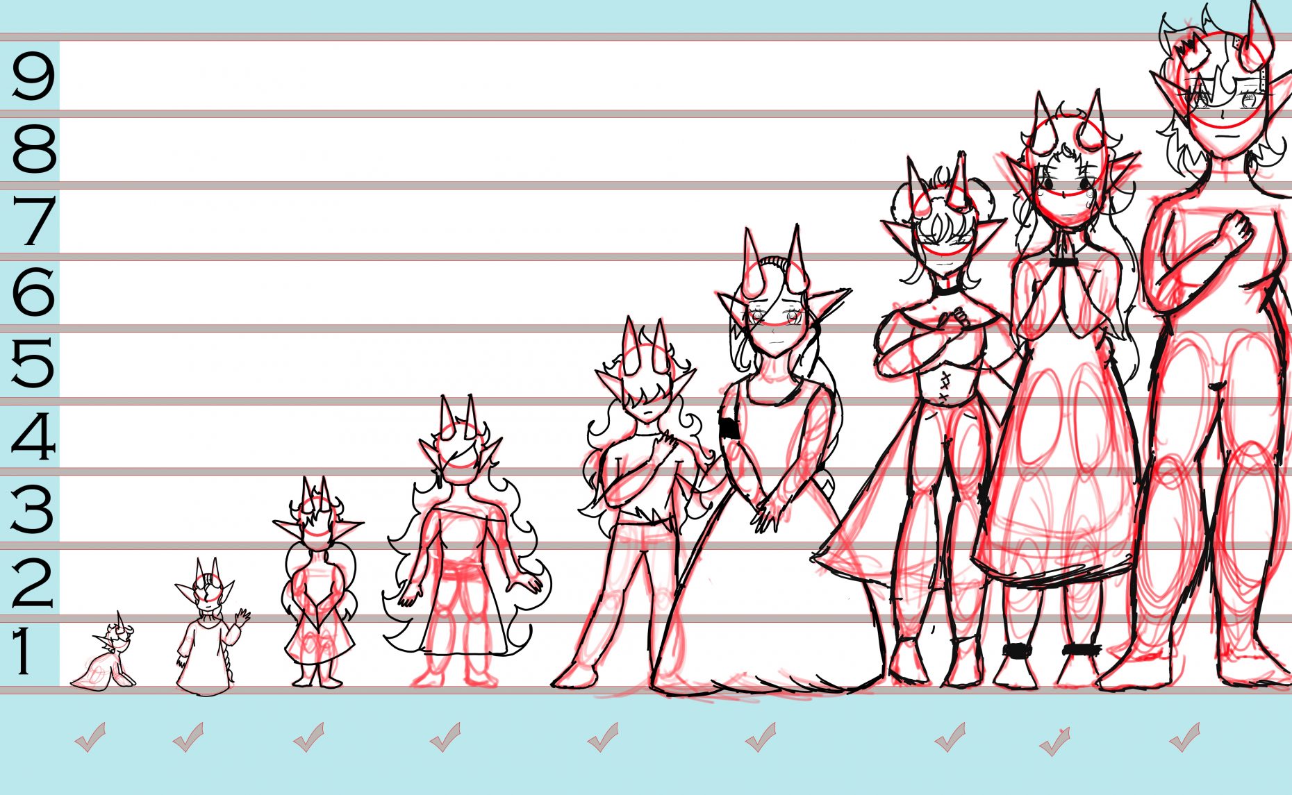 9 images of the same cartoon character in sequential stages of growth.