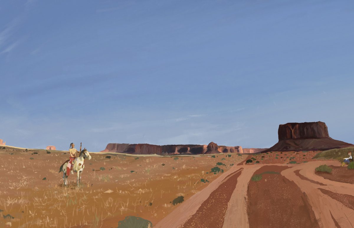 painting of a desert landscape with a person on a horse