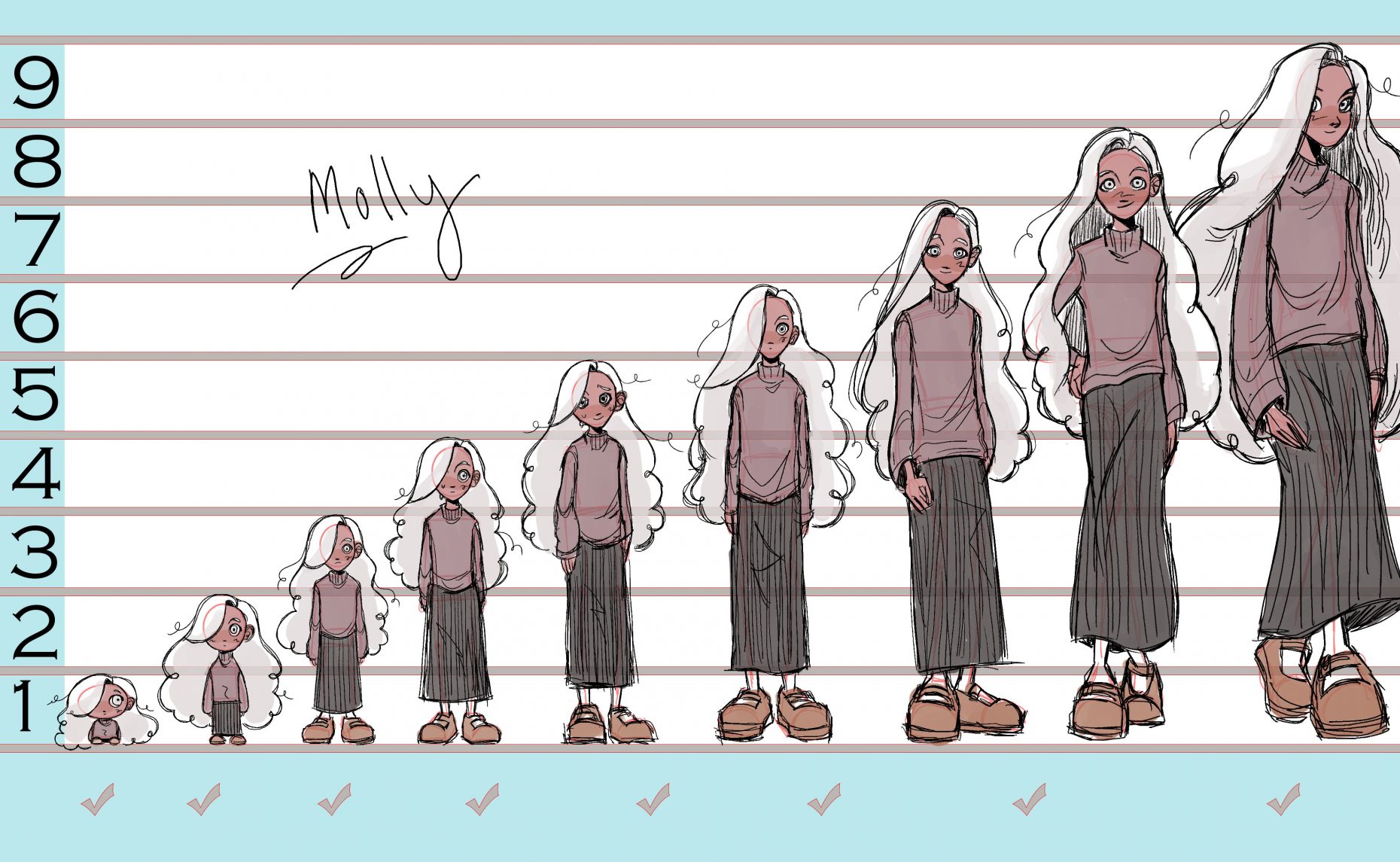 9 images of the same cartoon character in sequential stages of growth.