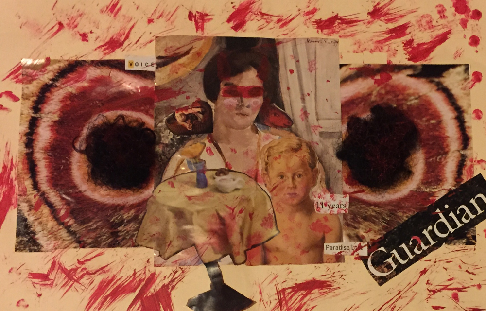 Collage focused on large, red eyes