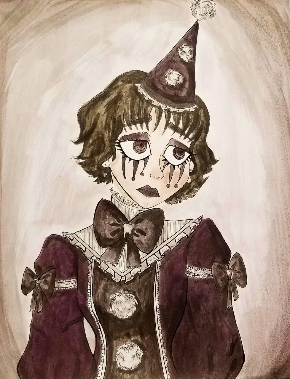 ink drawing of a sad looking clown