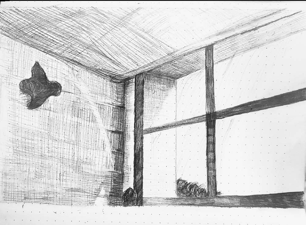 B/w Pencil Drawing of interior with windows