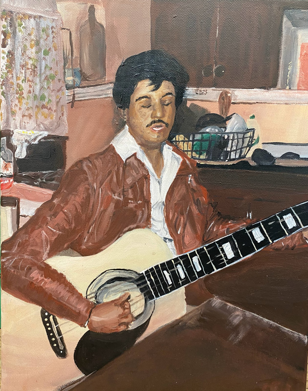 painting of a man playing a guitar while seated