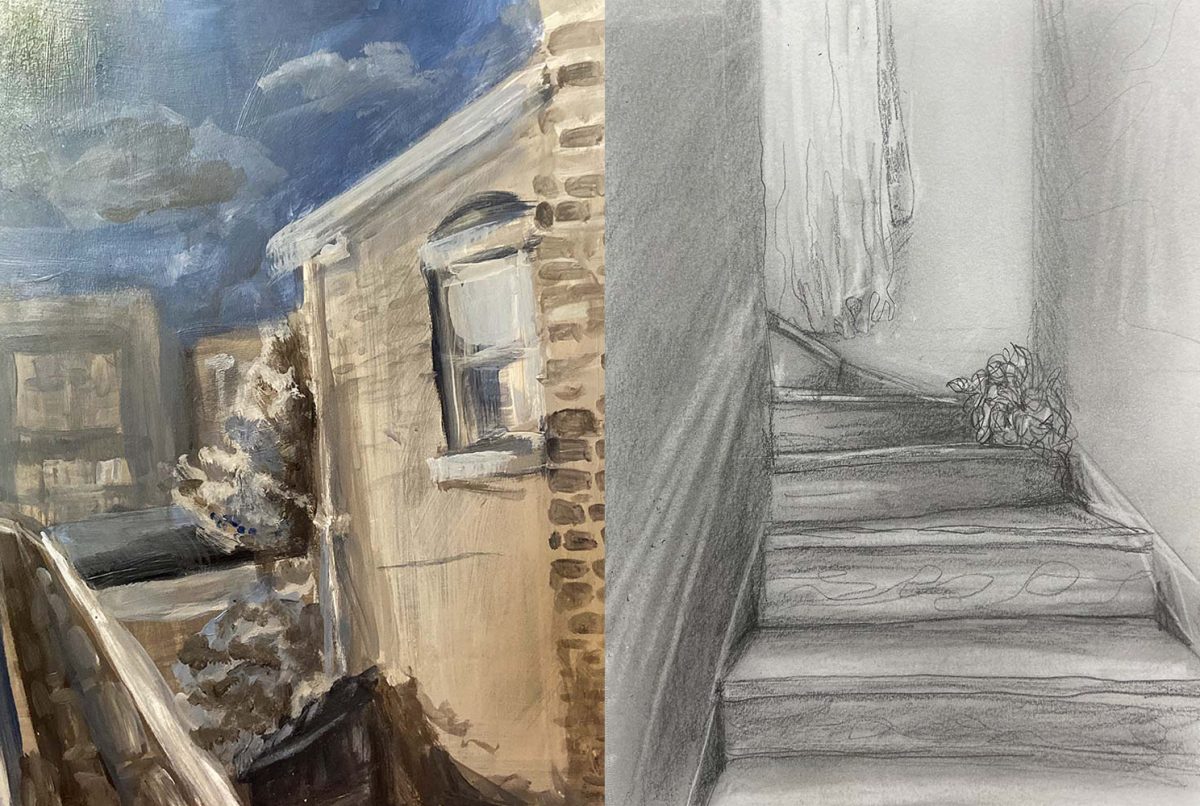 On the left painting of building exterior, on the right b/w drawing of a staircase