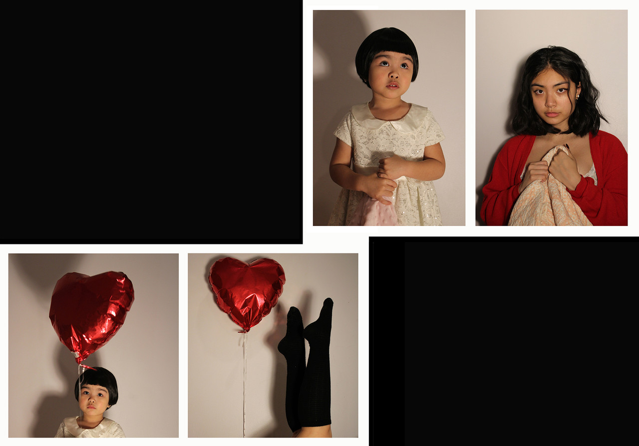 a series of photographs with a young girl holding a balloon next to young woman