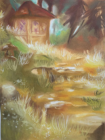 Pastel drawing of a cabin in dense yellow and green grass