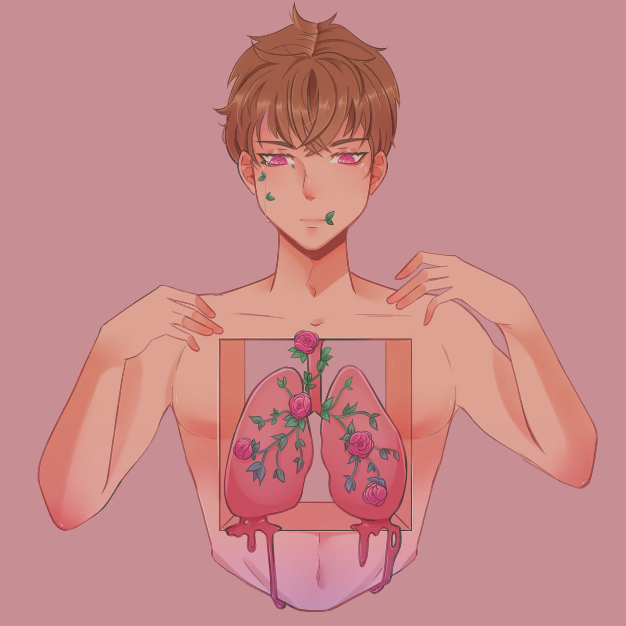 digital image of a young man where you can see his exposed lungs with flowers growing on them
