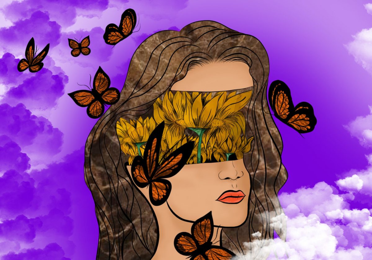 Digital painting of a young woman's head surrounded by butterflies, her head is expanding with flowers