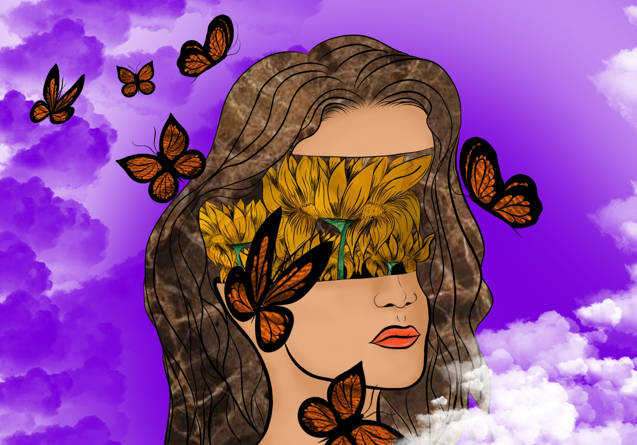 Digital painting of a young woman's head surrounded by butterflies, her head is expanding with flowers