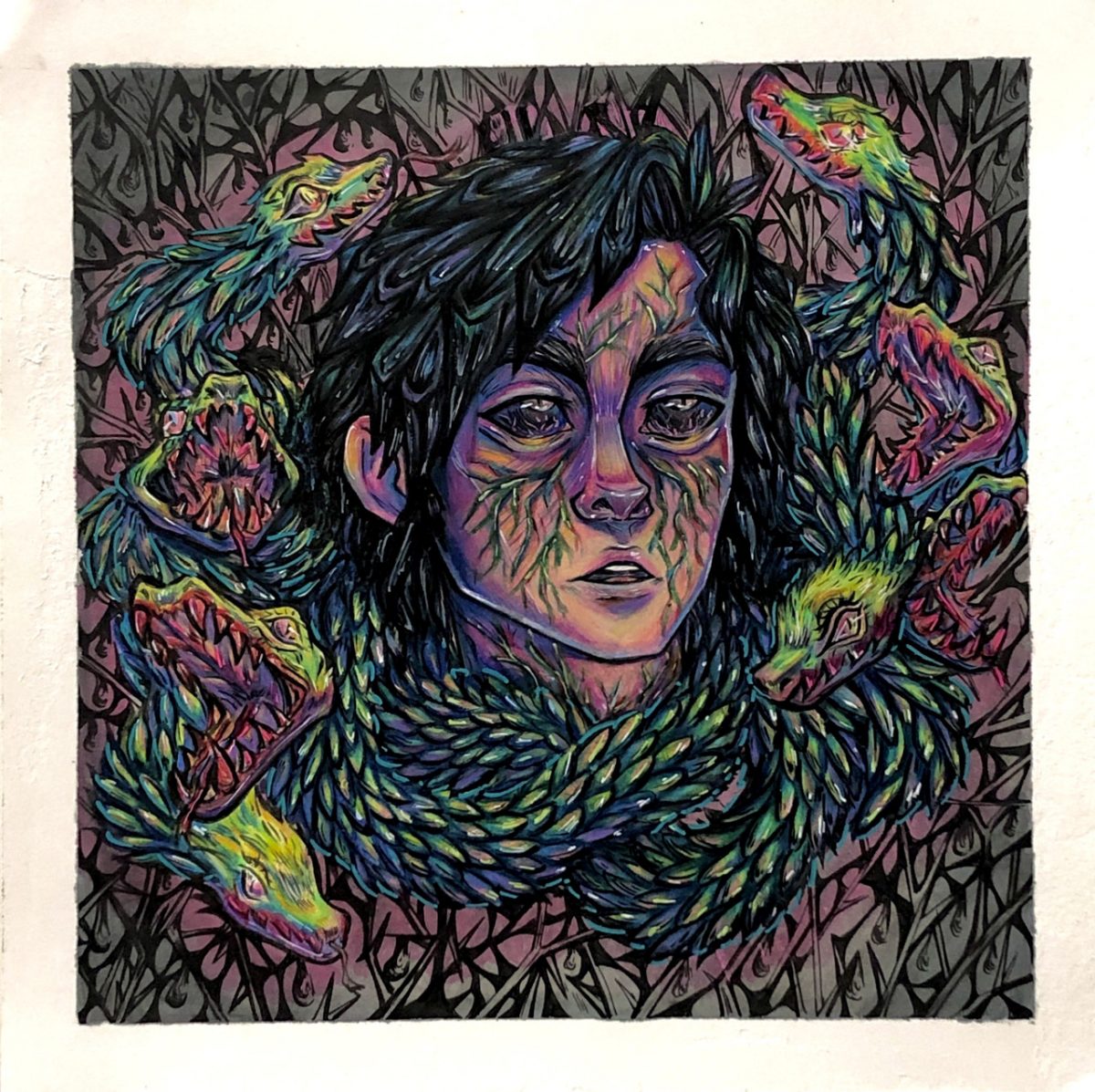 Mixed media painting of character staring off into the distance with a poison coursing through their face