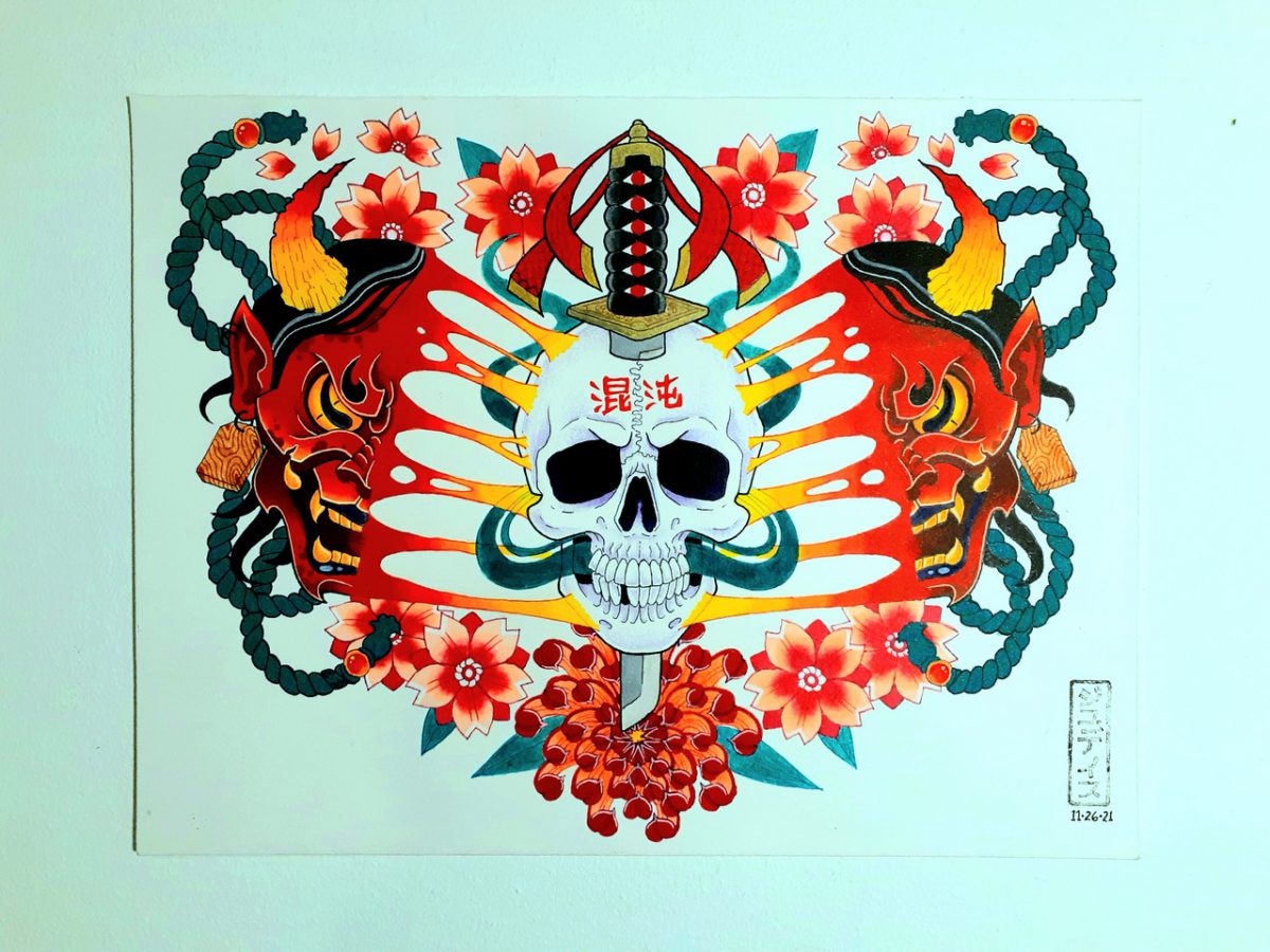 painting of a skull with a dagger through ti