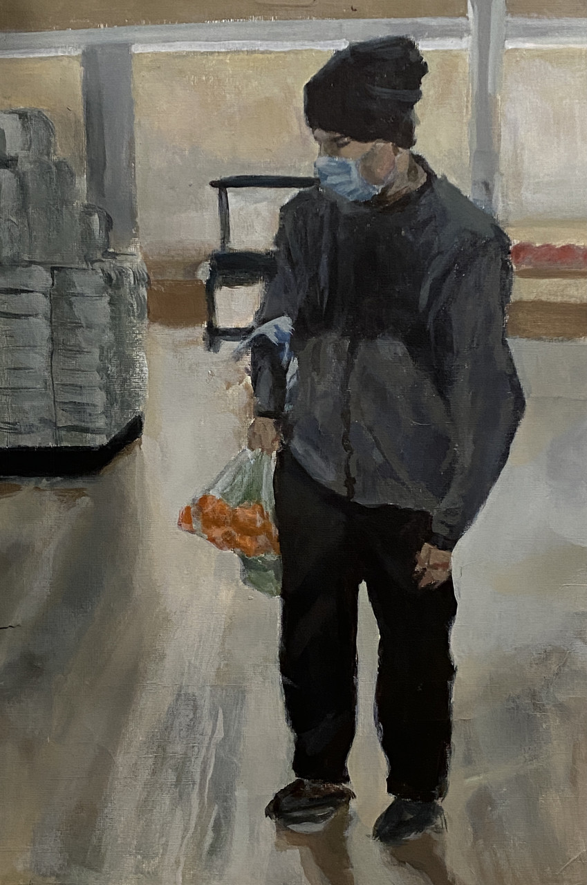 Painting of a person holding a bag of oranges